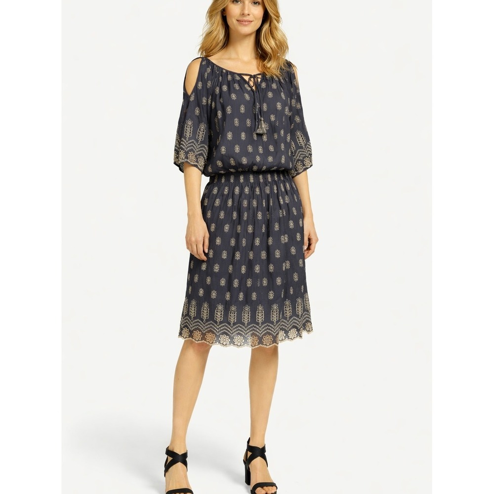 Ruby Yaya cold shoulders‎ metallic thread eyelet embroidery midi dress Sz S boho